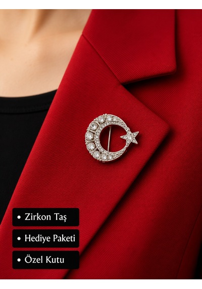 Işıltılı Ay Ve Yıldız Kadın Broşu Zirkon Taşlı Zarif Yaka Aksesuarı Hediye Açık Gri