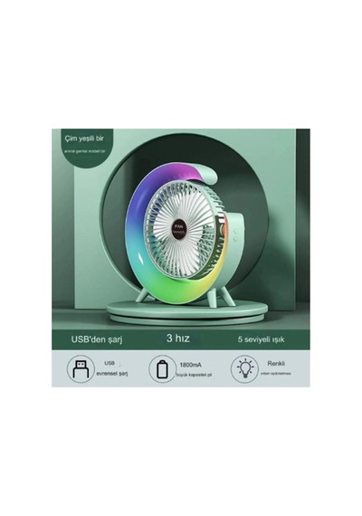 Northcity Masaüstü Vantilatör Usb Şarjlı Rgb Led Işıklı 3 Kademeli 180 Ayarlanabilir Soğutucu Fan Yeşil