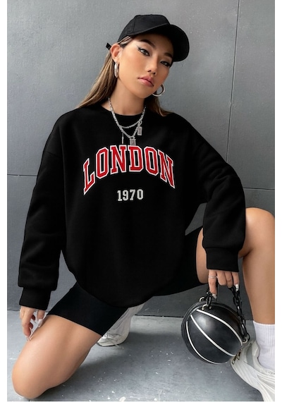 Benroma 3 İplik Penye London Baskılı Unisex Sweatshırt SIYAH
