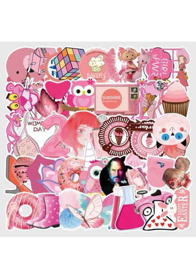 50 Adet Tekrarsız Pembe Karışık Kalite Pvc Sticker 08