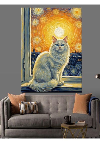 Van Gogh Stili Pencereden Bakan Beyaz Kedi Dekoratif Kanvas - Mdf Ahşap Tablo