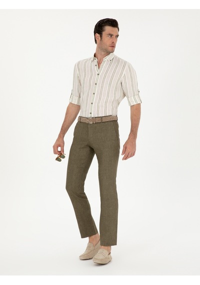 Cacharel Haki Slim Fit %100 Keten Pantolon Yesıl