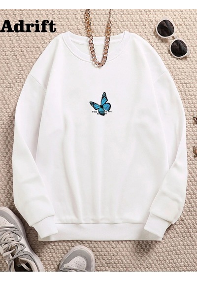 Startmore Kelebek Renkli Oversize Bisiklet Yaka Pamuklu Sweatshirt Beyaz Beyaz