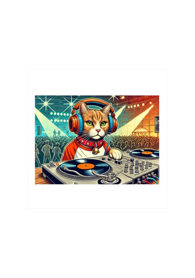 Dj Kedi Ve Neon Işıklar Desenli Mdf Tablo