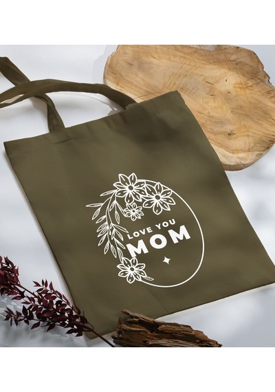 Bk Gift Anneler Günü Tasarımlı Haki Kumaş Bez Çanta, Baskılı Omuz Çantası, Alışveriş Çantası, Anneler Günü Hediyesi, Anneye Hediye-4 Çok Renkli