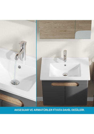 Aqua Bagno Luvi Alt Dolap + Üst Dolap -lavabo Dahil-65 Cm.-3 Parça Antrasit Gri - Atlantik Çam Aqua Bagno Luvi Alt Dolap + Üst Dolap -lavabo Dahil-65 Cm.-3 Parça Antrasit Gri - Atlantik Çam