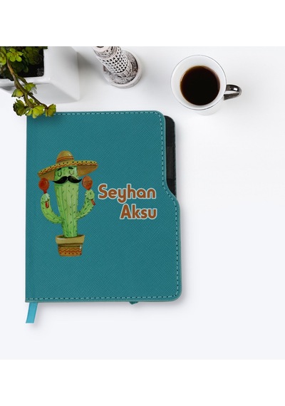 Kişiye Özel Kaktüs Tasarımlı Turkuaz Termo Deri Defter-7 Yeşil