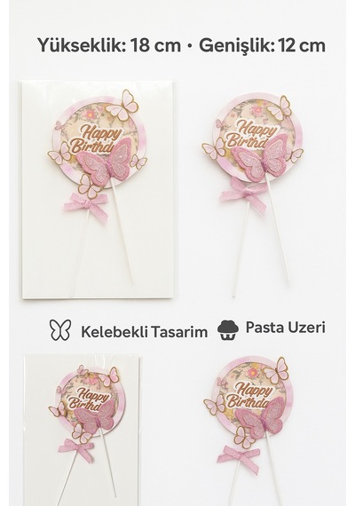 Pembe Kelebekli Pasta Süsü 2 Li Set Simli Happy Birthday Tasarım Doğum Günü Dekoru