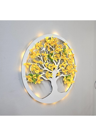 Led Işıklı Ve Sarı Sakura Hayat Ağacı Tablo 40cm - Beyaz