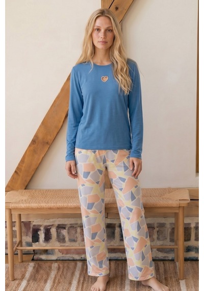 Siyah İnci Mavi Desenli Nakışlı Viskon Örme Pijama Takım 26224636