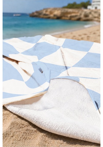 Damalı Mavi Beyaz Modern Plaj Havlusu - Dalgalı Geometrik Minimalist Hızlı Kuruyan Mikrofiber Havlu Ayaz Papatya