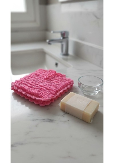 El Yapımı Pembe Orlon Püsküllü Eldiven Banyo Lifi