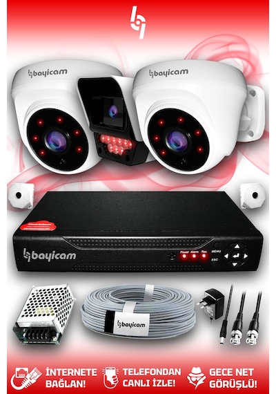 Bayicam 3 Kameralı Süper 2 İç Kamera Set HDD'siz 5 MP 2K Net Gece Görüşlü Güvenlik Kamerası Sistemi