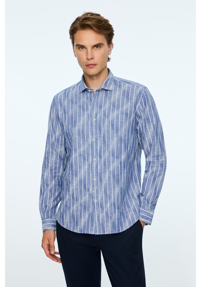 Morven Erkek Lacivert Keten Trend Çizgili Dynamic Fit Gömlek 25ys004028200 Lacivert