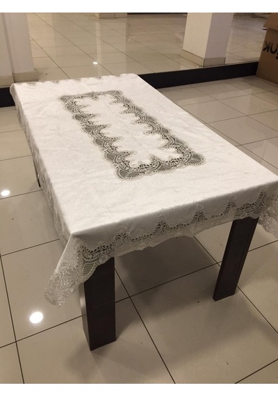 Almila Home Fransız Dantel Kadife 140X180 Masa Örtüsü Bej D18