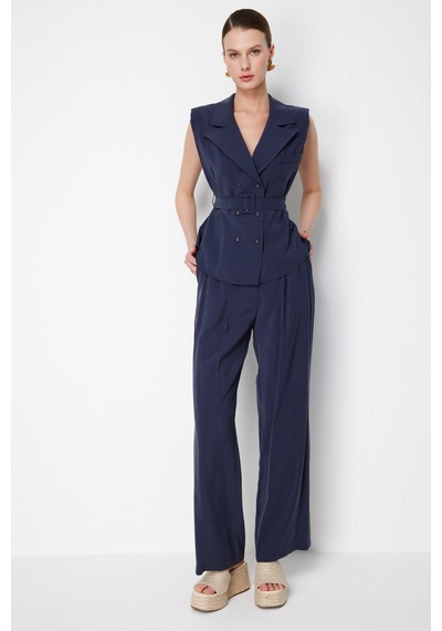 On Kadın Beli Kemerli Kruvaze Yelek 74908 Indigo Indigo