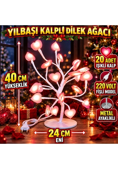 Yılbaşı Ağacı Pembe Kalpli Yılbaşı Dilek Ağacı 220v Fişli 40 Cm Pembe Kalpli Gün Işığı Led Işıklı