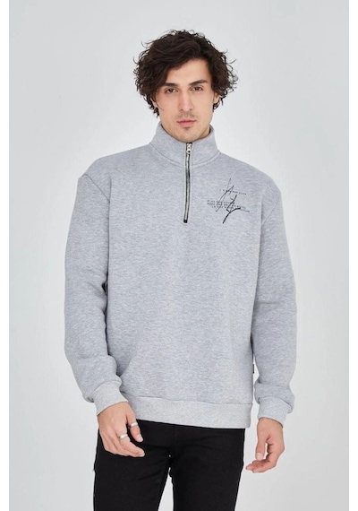 Erkek Yarım Fermuarlı Baskılı 3 İplik Pamuklu Sweatshirt - Gri