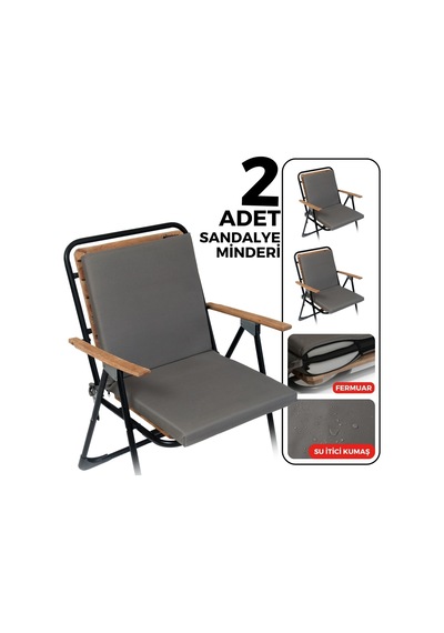 2'li Arkalıklı Sandalye Minderi Su Yağ İtici Sırtlıklı Fermuarlı Bağcıklı Yıkanabilir Balkon Bahçe 40x40 Antrasit Çok Renkli
