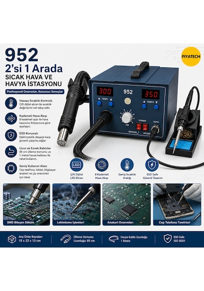 952 Model 2'si 1 Arada Çift Ekranlı Dijital Sıcak Hava Üfleme Ve Lehim Havya İstasyonu Tamir Seti