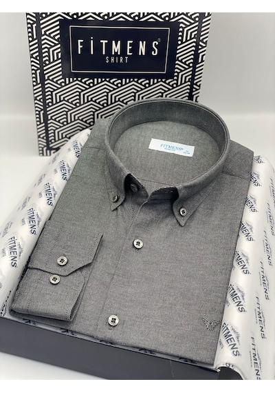 Slim Fit Uzun Kol Pamuklu Hediye Kutulu Kolay Ütülenebilir Erkek Gömlek Fs-002225 - Antrasit-2669