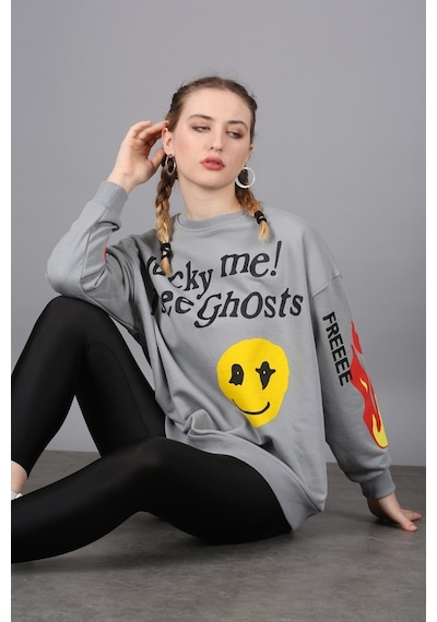 Madmext Mad Girls Füme Baskılı Oversize Sweatshirt Mg1207