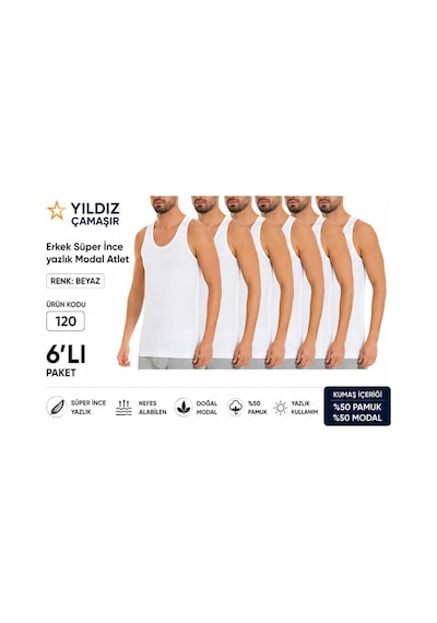 Yıldız Çamaşır Erkek Yazlık Süper İnce Modal Atlet 120-121 - 6 Adet Beyaz