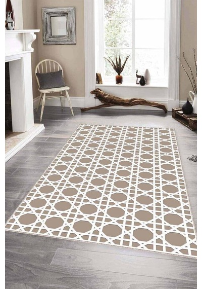 Bej Petek Kaymaz Tabanlı Makinede Yıkanabilir Halı Lb004n11