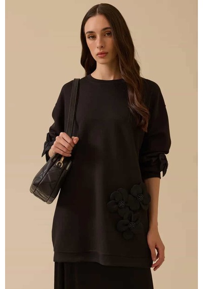 Kadın Çiçek Detaylı Cepli Sweatshirt - Siyah Siyah