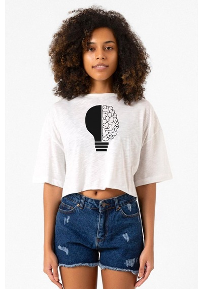 Lightbulb & Brain Beyaz Kırçıllı Kadın Crop Tshirt Beyaz