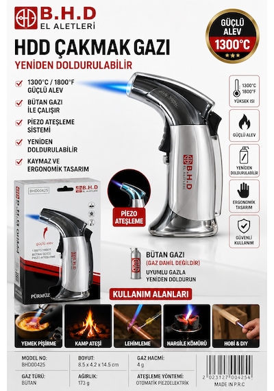 Bhd Çakmak Gazı Yeniden Doldurulabilir 1300 Derece Çıkış Bütan Gaz Kamp Çakmağı Gri