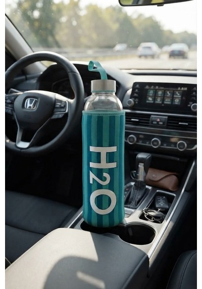 H2o Desenlı Kılıflı 750 Ml Cam Matara Çızgı Yeşil