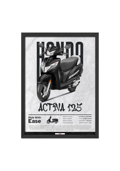 Honda Activa 125 Siyah Ahşap Çerçeveli Poster, Dekoratif Motosiklet Duvar Tablosu