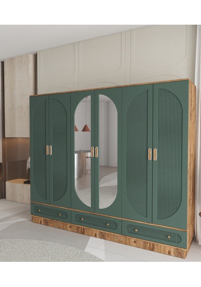 Soho 6 Kapaklı Çekmeceli Bazalı Gardırop - Tamamı Mdf Yeşil