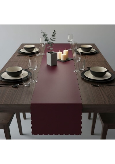 1 Adet Deri Runner-40x140 Cm-fırfır Desenli Runner Bordo