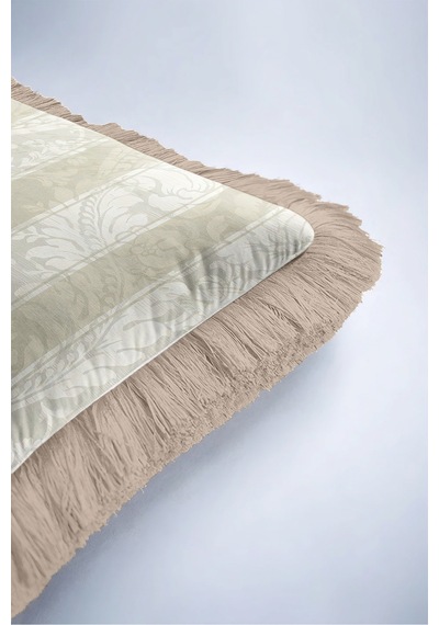 Vintage Damask Motifli Saçaklı Yastık Kılıfı - Avangart Çiçekli Krem Vizon Püsküllü Kırlent Kılıfı Siyah