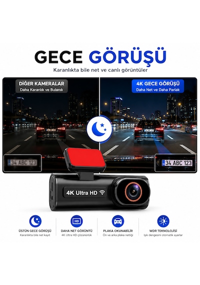 Hpytech 4k Ultra Hd Mini Araç Kamerası Ön Ve Arka Çift Kameralı Wifi Gps Destekli Gece Görüşlü 64gb Hafıza Kartlı G-sensörlü Araç İçi Kamera