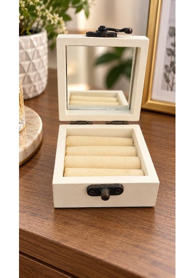 Ahşap Takı Kutusu Aynalı Dekoratif Mücevher Ve Yüzük Saklama Kutusu 7x7x4 Cm
