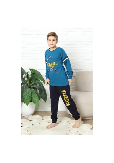 Modanino Erkek Çocuk Pijama Takımı %100 Pamuk İnterlok Kumaş 12447 Petrol Mavisi