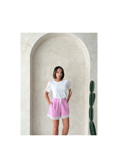 Verymoda Güpür Detalı Pullu Kot Şort D2866 Pembe