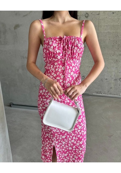 Kazax Kaşkorse Desenli Askılı Elbise Pembe