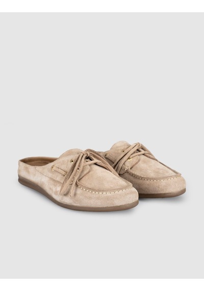 Kadın Süet Deri Bağcıklı Mule Loafer Bej
