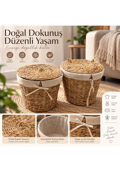 Hbs Art Design Hasır Yuvarlak Kapaklı Saklama Sepeti Kumaş Astarlı Örgü Sepet Patates Soğan Sebze Saklama Sepeti Doğal