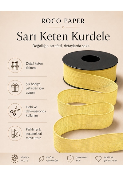 Sarı Keten Kurdele 2,5 Cm X 20 Metre, Hediye Paketi Ve Hobi Şerid Standart