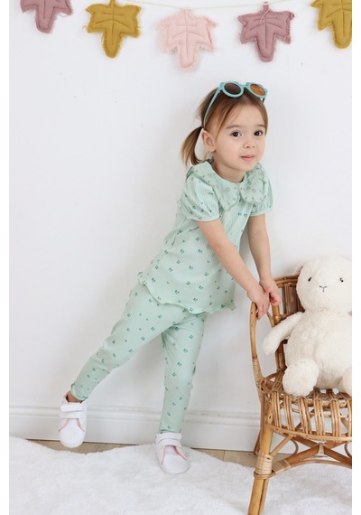 Harika Kids Kız Çocuk Çiçek Baskılı Raporlu Kumaş Basic Alt Üst İkili Takım 001