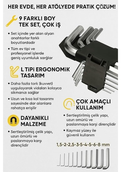 Vıvaluxe 9 Parça Çelik Alyan Anahtar Seti,1,5 Mm Ve 10 Mm Arası Kısa Düz Köşe Allen Anahtar Takımı, Isı İşlem Görmüş Dayanıklı Çelik, Ergonomik Taşıma Aparatlı, Mobilya, Bisiklet Ve Tamir İşleri İçin