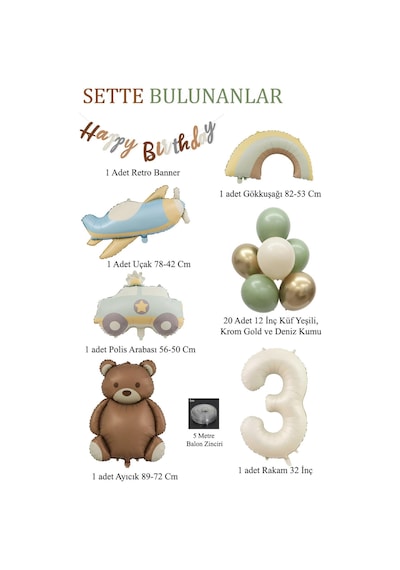 Retro 3 Yaş Doğum Günü Seti Uçak, Araba, Gökkuşağı, Ayıcık Ve 20 Adet Lateks Balon Set Çok Renkli