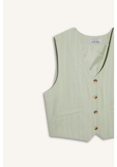 DeFacto Regular Fit V Yaka Keten Karışımlı Blazer Yelek D3474AX25SPGN1181 Yeşil