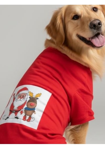 Noel Baba Ve Geyik Baskılı Kırmızı Pamuklu Yılbaşı Köpek Tişörtü Orta Ve Büyük Irklar İçin