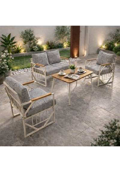 Violet Krem 2+1+1 Masalı Gri Bahçe Oturma Grubu Minderli Metal Ahşap Detaylı Balkon Teras Takımı Gri Violet Krem 2+1+1 Masalı Gri Bahçe Oturma Grubu Minderli Metal Ahşap Detaylı Balkon Teras Takımı Gri